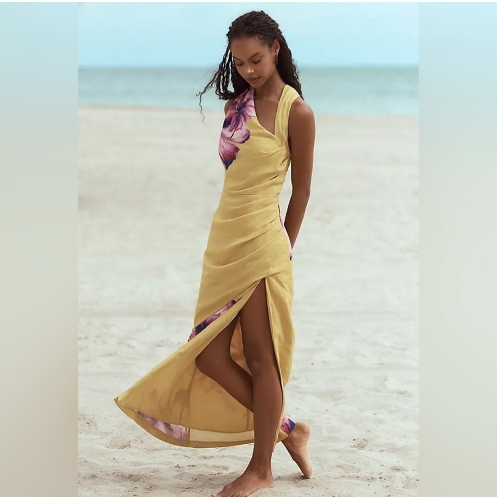 Anthropologie Asymmetrical‎ Linen Side Slit Maxi Dress medium NWT